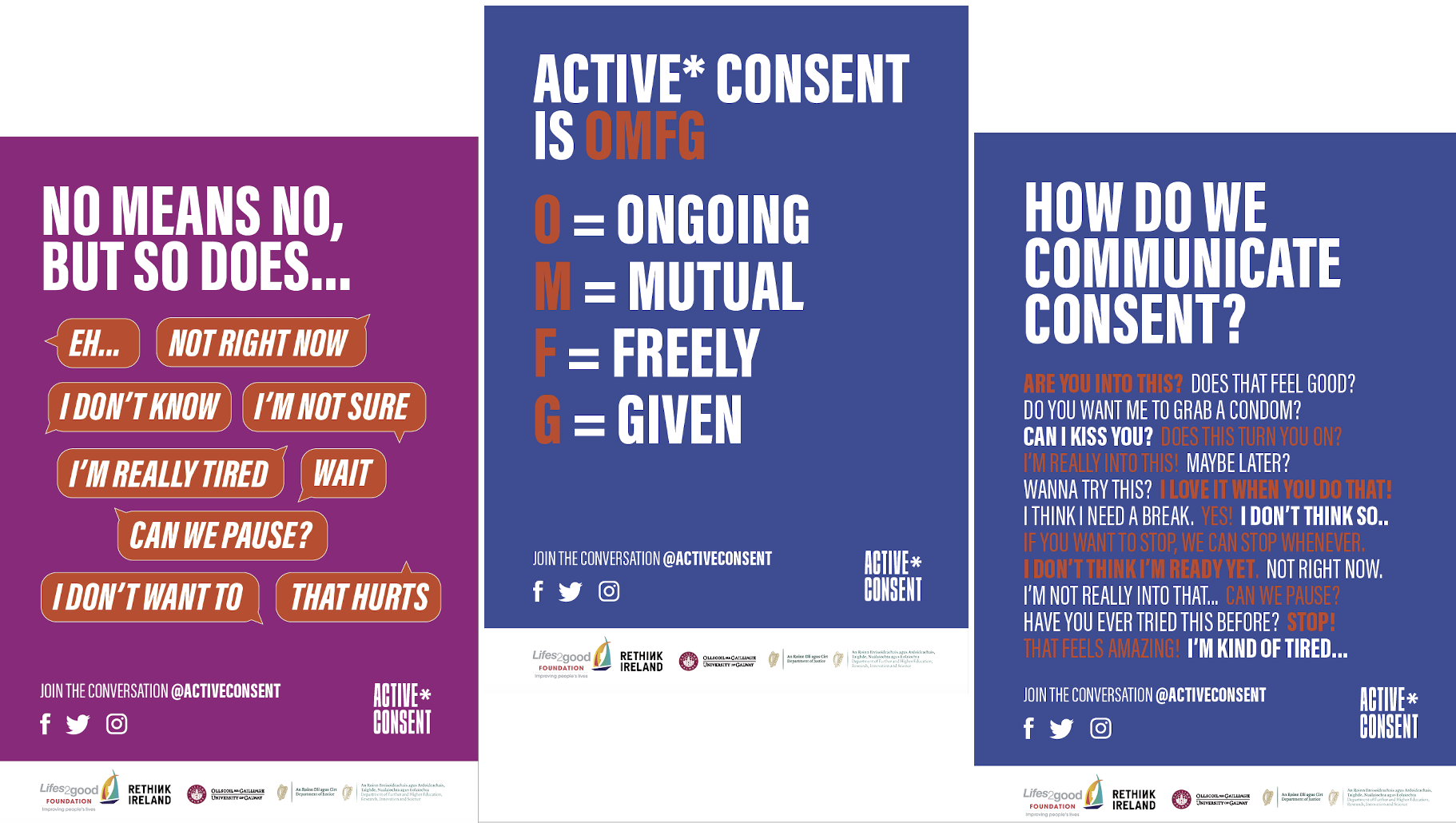 Three Active* Consent campaign posters explaining that consent is ongoing, mutual, freely given, and communicated.