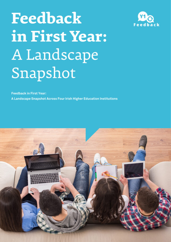 Cover of Feedback in First Year: A Landscape Snapshot, showing the Y1Feedback logo and students using digital devices.