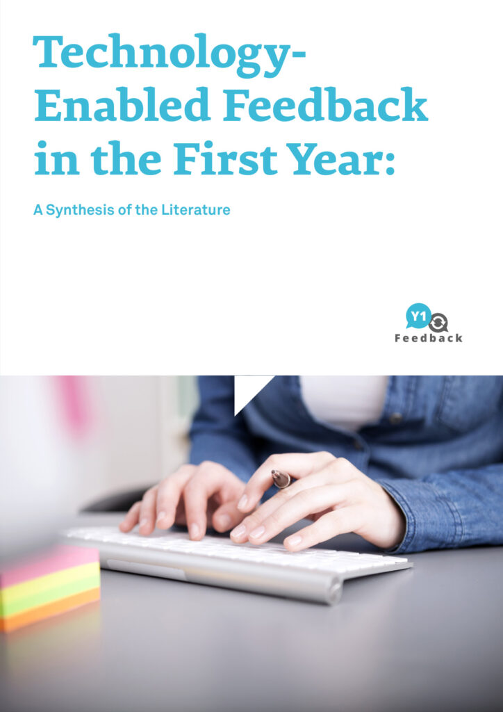 Cover of Technology-Enabled Feedback in the First Year: A Synthesis of the Literature, showing the Y1Feedback logo and hands typing on a keyboard.