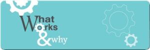 What Works & Why project logo with cogwheel shapes on a turquoise background.